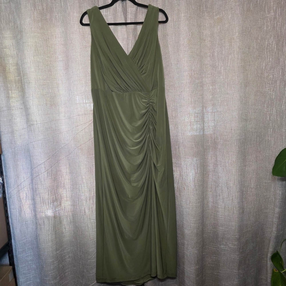 Celebrate DB Studio Davids Bridal Olive Green Ruched V-Neck Maxi Dress 20 Plus